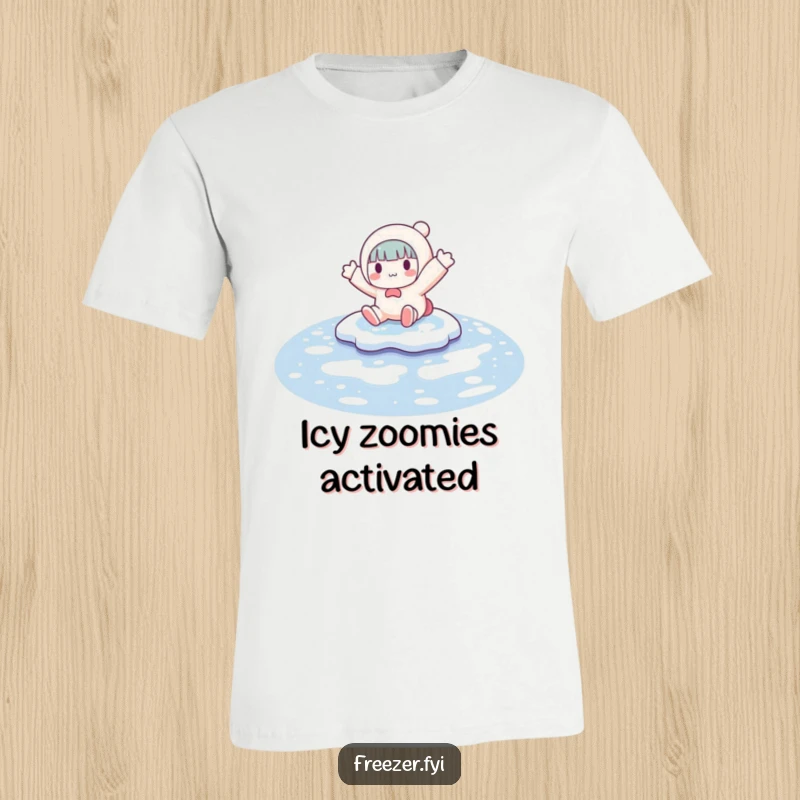 Funny t-shirt showcasing a character gleefully sliding on a slippery frozen puddle, arms out, embodying winter's playful, unpredictable nature.