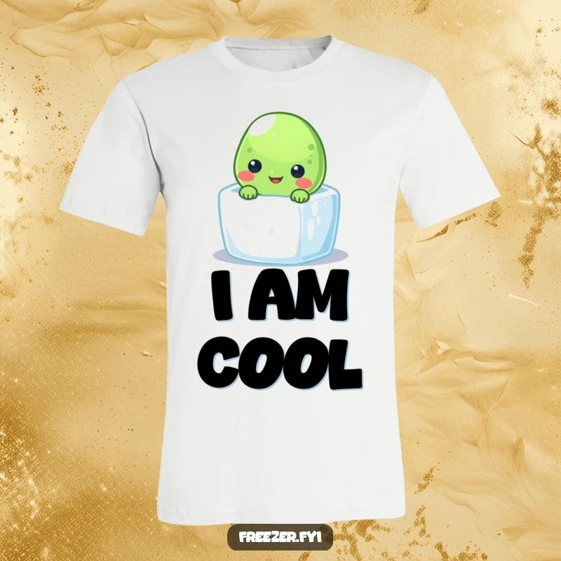 Funny frozen pea t-shirt with a smiling character peeking from a tiny ice cube, perfect for cool, vegetable-inspired fashion.