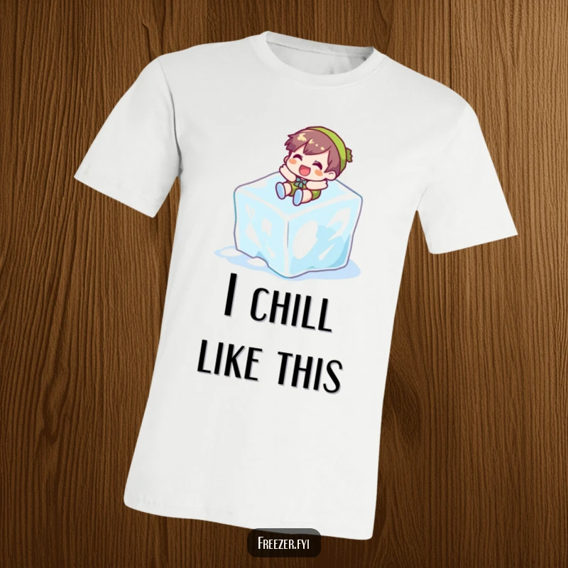 Funny t-shirt featuring a character gleefully sliding down a large ice cube, embodying the fun and excitement of winter.