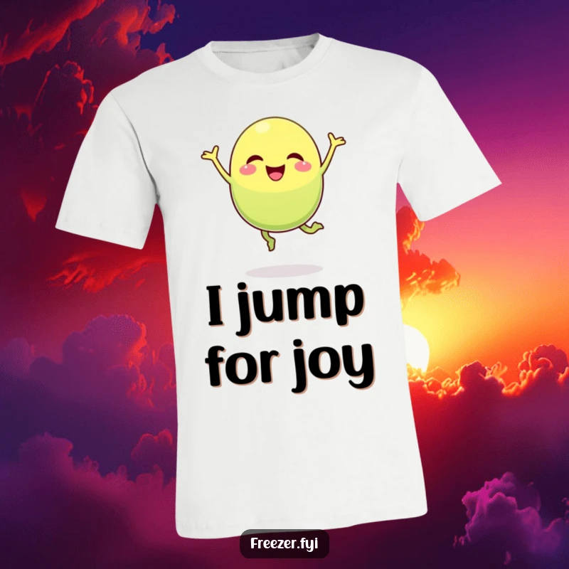 Funny pea pod t-shirt depicting a joyful character performing a hilarious, energetic jump with a wide grin.
