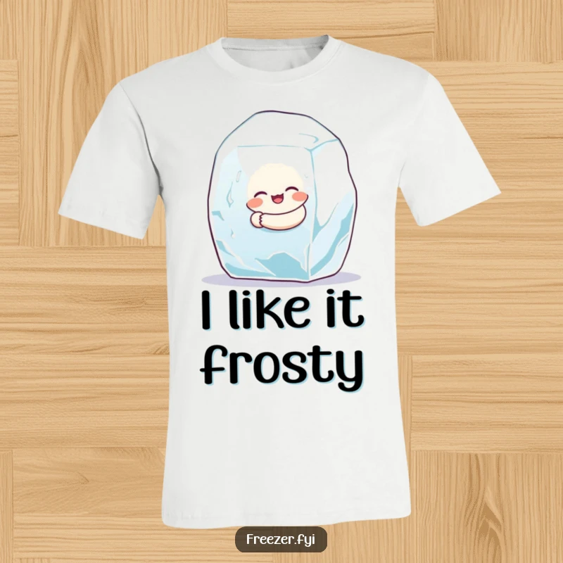 Funny t-shirt featuring a round character embracing a giant ice cube with happiness, a cool and humorous present.