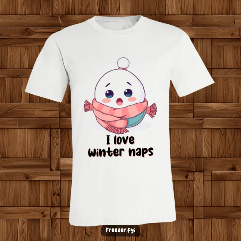 Funny t-shirt depicting a surprised snowball character tumbling headfirst into a cozy scarf, capturing winter's playful tumbles.