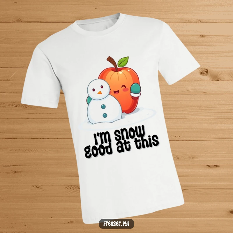 Funny T-shirt showcasing a happy apple with tiny mittens, hilariously attempting to construct a snowman, embodying winter fun and sheer determination.