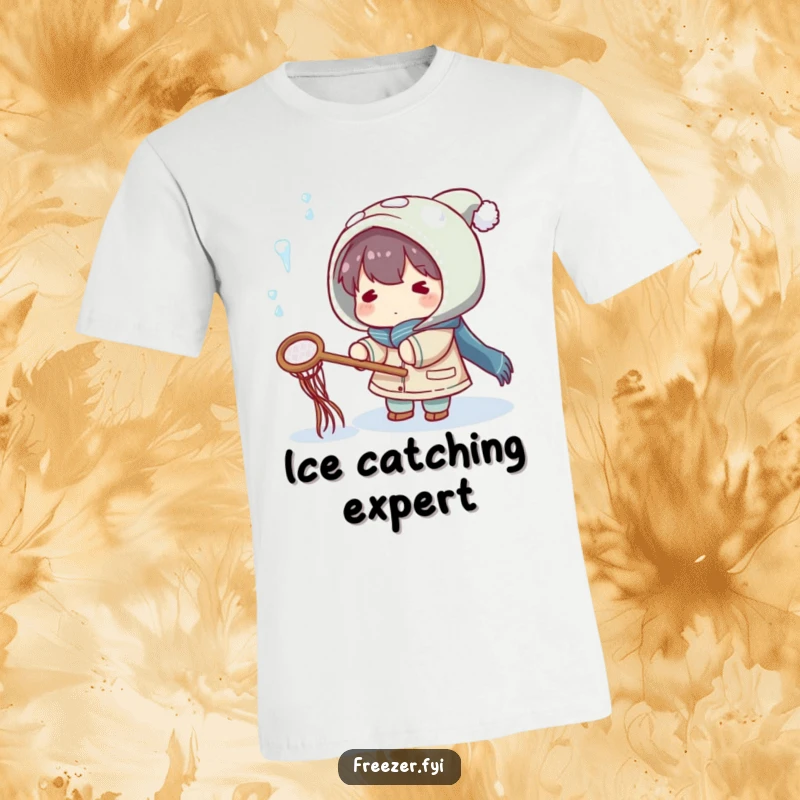 Funny T-shirt with a character playfully trying to catch falling icicles with a small net, embodying winter's whimsical challenges.