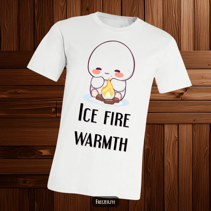 Funny t-shirt featuring a rosy-cheeked character happily warming their hands by a small, glowing ice fire, symbolizing cozy resilience and humor.