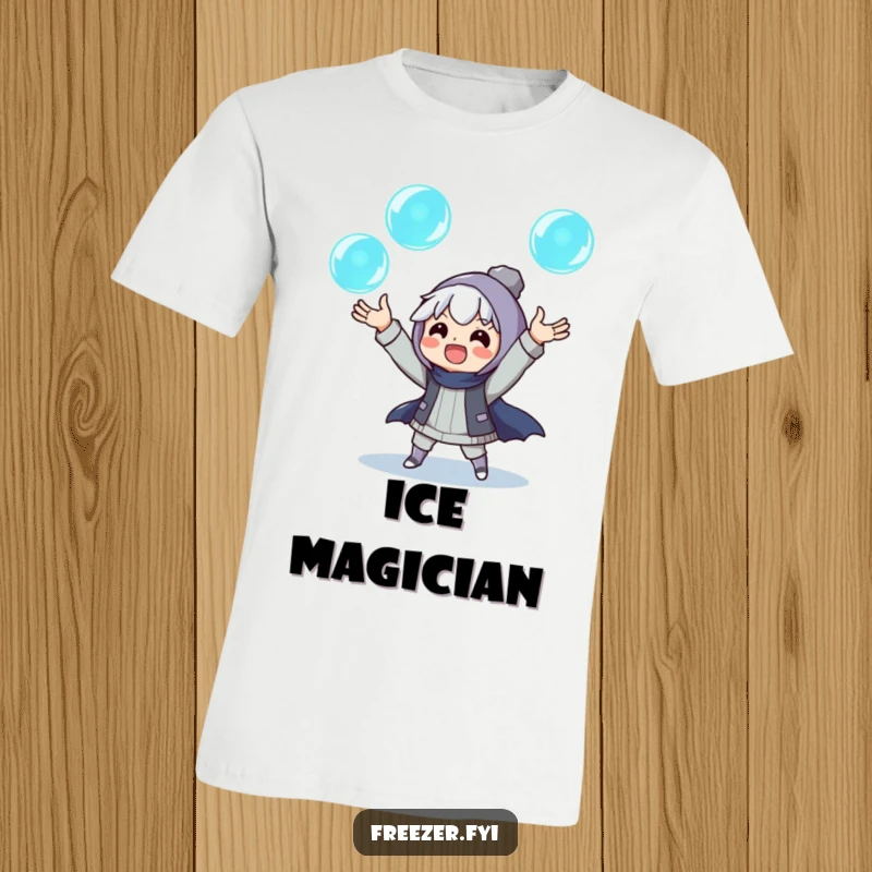 Funny t-shirt featuring an excited character juggling three luminous ice orbs, a mesmerizing display of winter talent and humor.