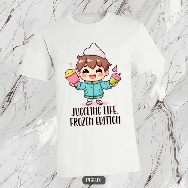 Funny t-shirt with a smiling character juggling various frozen foods, a humorous present for multitaskers.