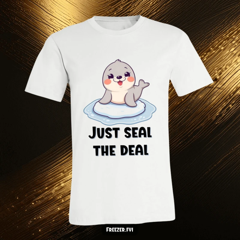 Funny seal character joyfully sliding on ice, a wide and happy grin, printed on a comfortable tee.