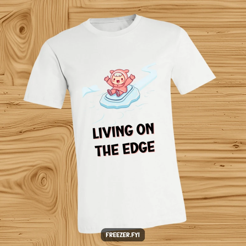 Funny t-shirt displaying a character happily sliding on a slick icy surface with arms wide open, embodying pure exhilaration.