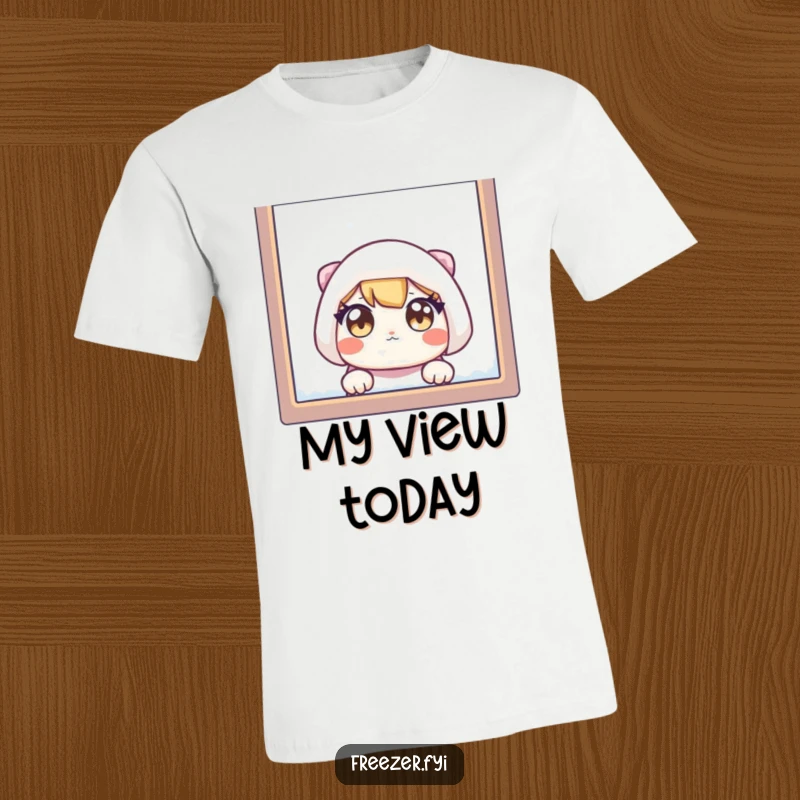 Funny t-shirt featuring a character with wide eyes peeking from a frosted window, conveying a sense of playful observation and winter charm.