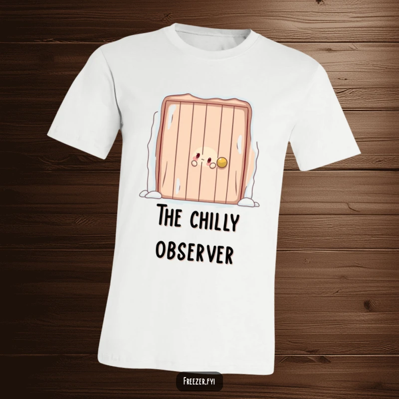 Funny T-shirt depicting a character playfully peeking out from behind a large, frosty door, inviting curiosity and playful interaction.