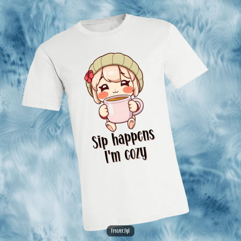 Funny T-shirt featuring a rosy-cheeked character happily holding a warm mug, radiating warmth and cheerful contentment.