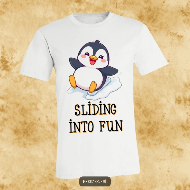 Funny T-Shirt: An illustration of a chubby penguin gleefully sliding down an icy slope, capturing a moment of pure winter exhilaration.