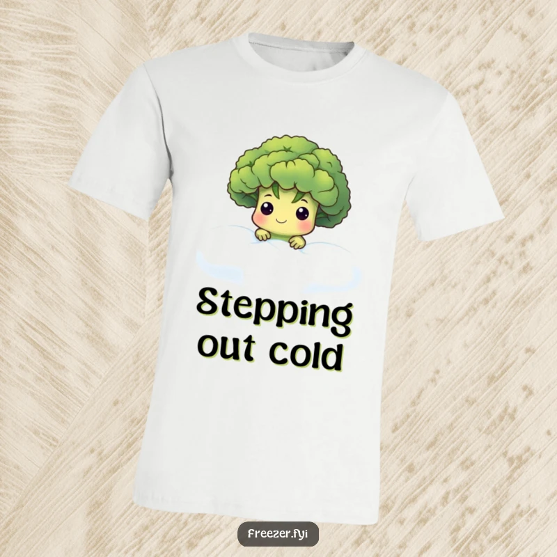 Funny t-shirt with a cute broccoli floret character peeking through a frosty fog, offering a cool and mysterious aesthetic.