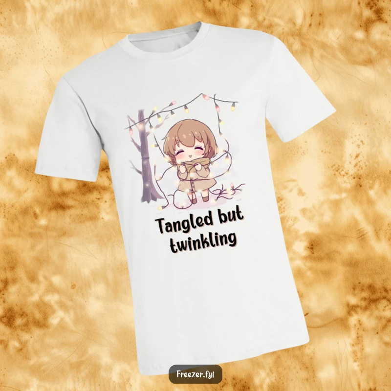 Funny t-shirt with a character entangled in fairy lights in a cold setting, a humorous holiday present.