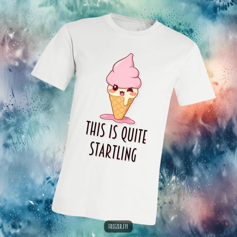 Funny ice cream cone t-shirt with a bewildered character melting slightly from surprise, embodying cute, sweet reactions.