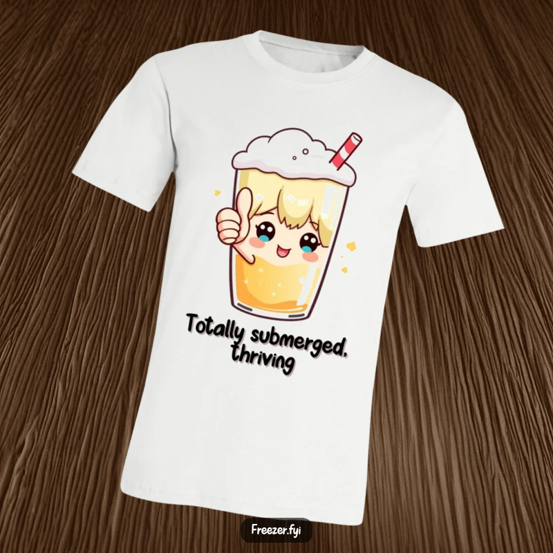 Funny t-shirt with a character giving a thumbs up from within a frosty beverage, celebrating positive reinforcement and good cheer.