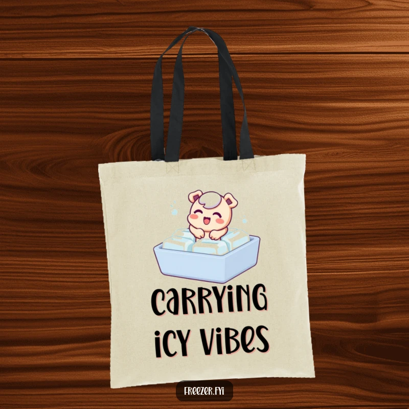 Funny tote bag showcasing a bubbly character playfully emerging from an ice cube tray, perfect for carrying humor and goods.