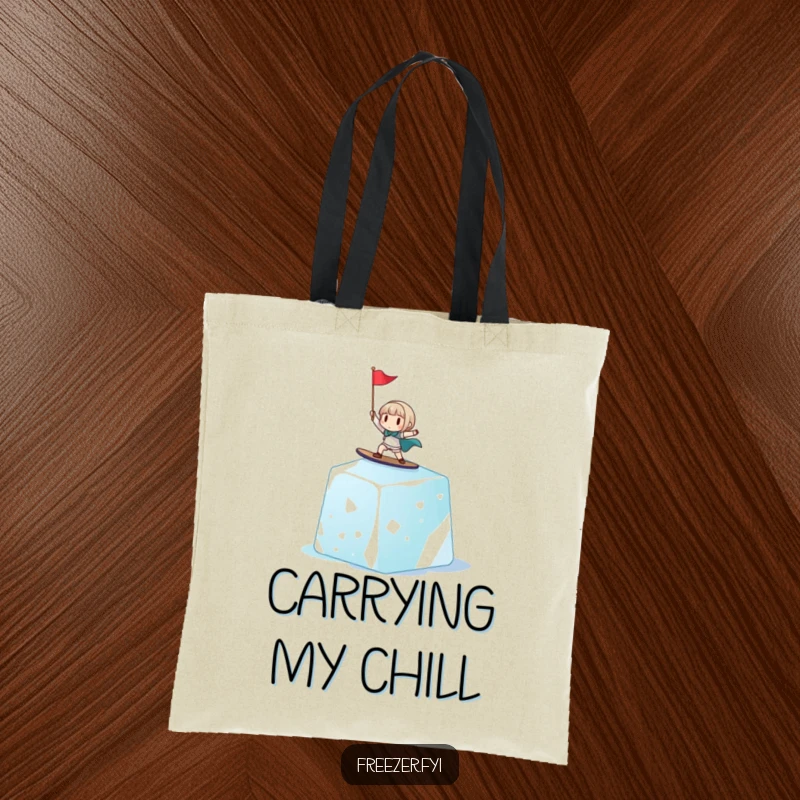 Funny tote bag depicting a cheerful tiny character surfing a giant ice cube, waving a small flag, a humorous and practical accessory.