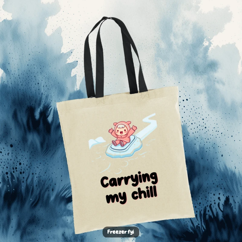 Funny tote bag illustrating a character playfully sliding on ice with arms spread wide. A cheerful and humorous accessory.