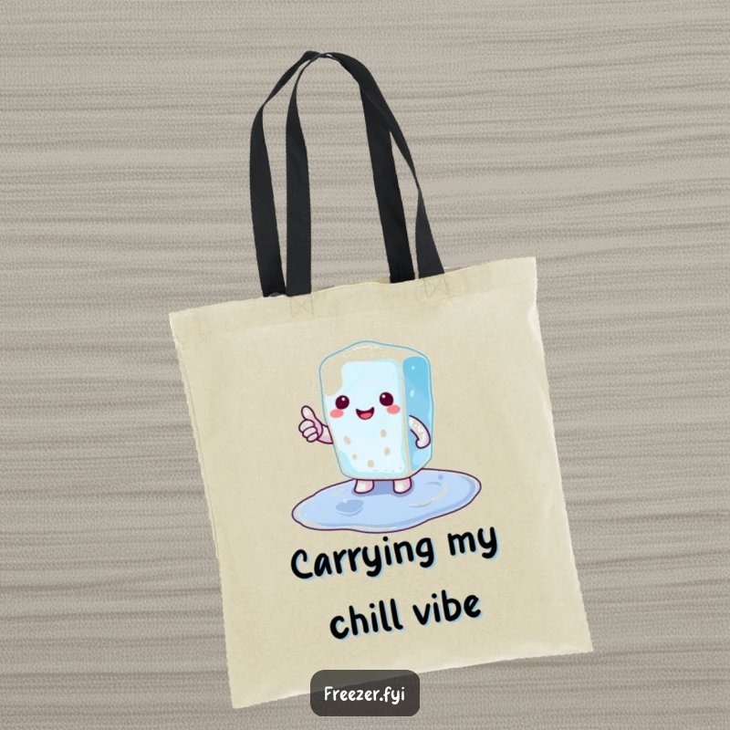 Funny ice cube tote bag featuring a happy character giving a thumbs up from a puddle, perfect for cool-girl style.