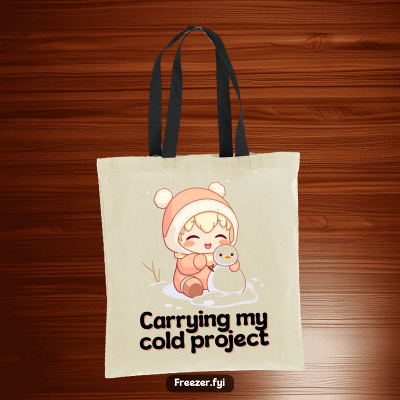 Funny tote bag illustrating a character gleefully attempting to build a tiny snowman inside, perfect for carrying humor and essentials.
