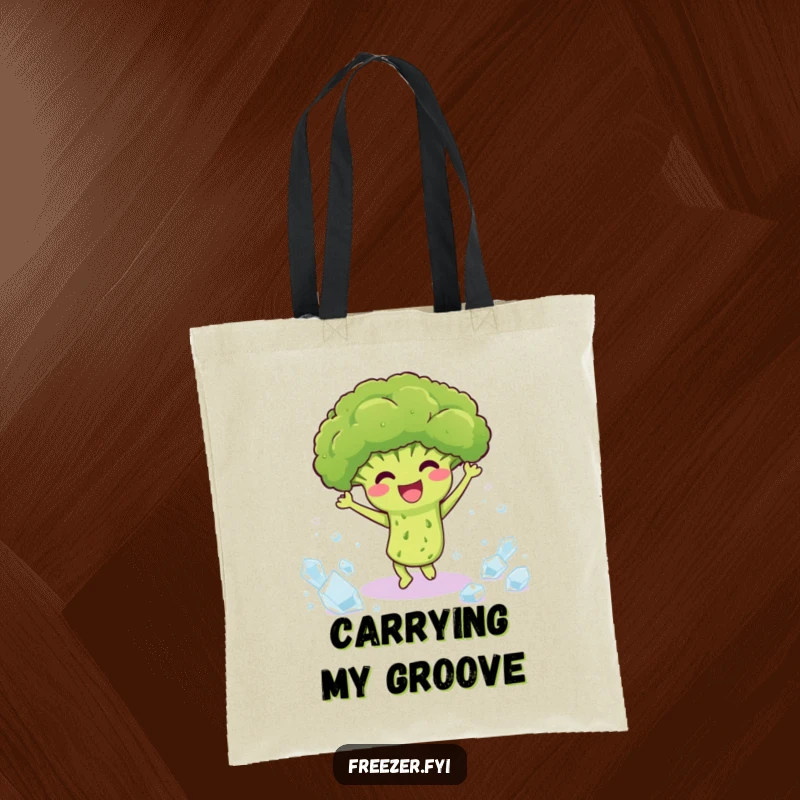 Funny tote bag with a happy broccoli dancing among ice crystals, a practical and humorous accessory for daily use.