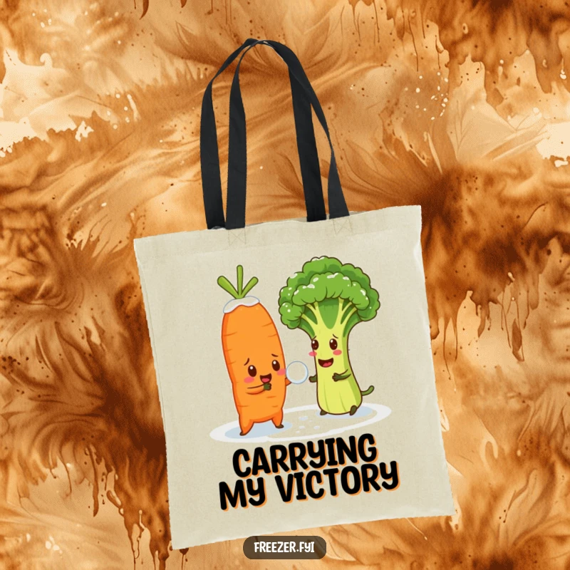 Funny tote bag showing a cheerful carrot in a snowball fight with a bewildered broccoli floret, a humorous carry-all.