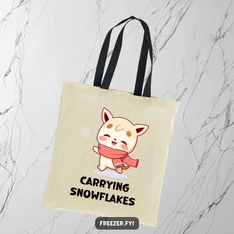Funny tote bag depicting a scarf-wearing character gleefully chasing a snowflake, a humorous and practical accessory for winter outings.