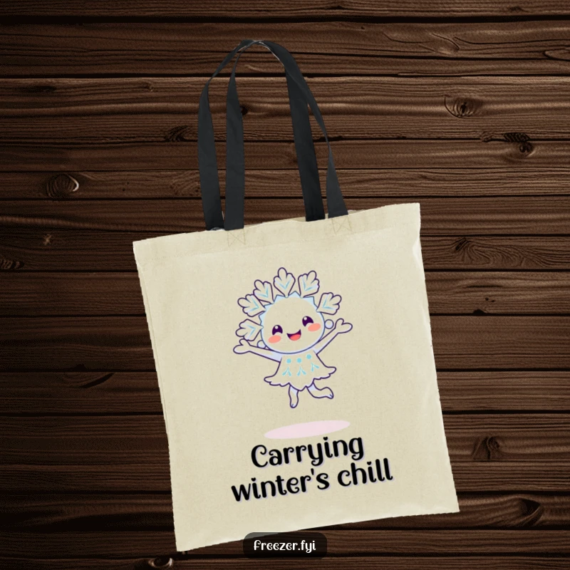 Funny happy snowflake character doing a pirouette on an eco-friendly tote bag, perfect for winter errands.