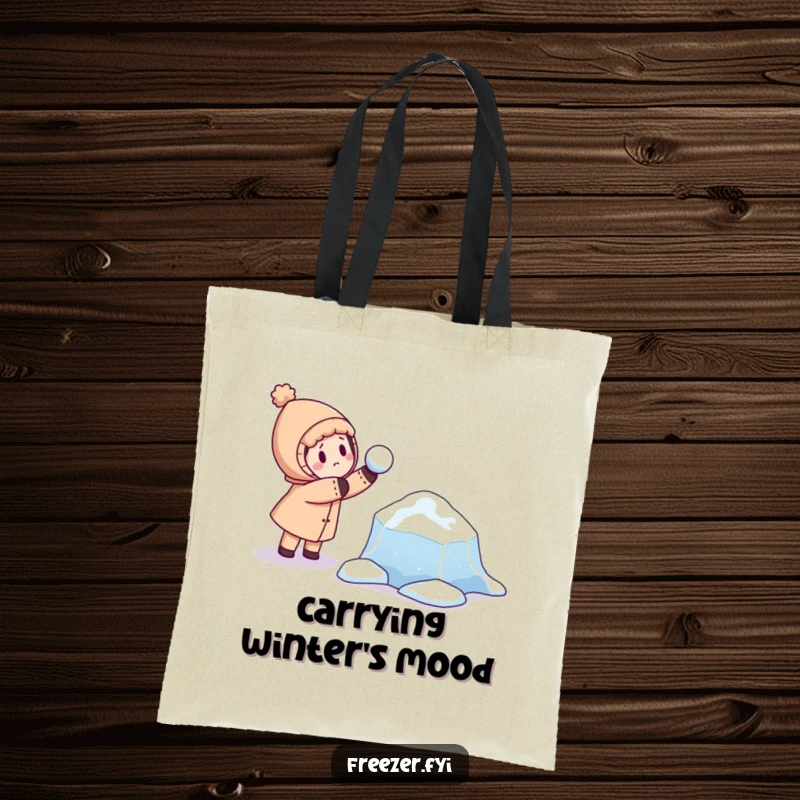 Funny tote bag showing a character playfully throwing a snowball at a curious, floating ice floe, great for carrying items with humor.
