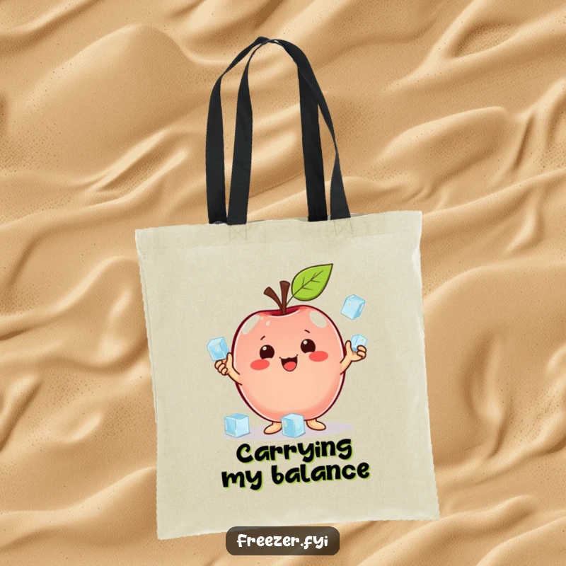 Funny tote bag with a proud apple character juggling ice cubes, a practical and humorous accessory for everyday use.
