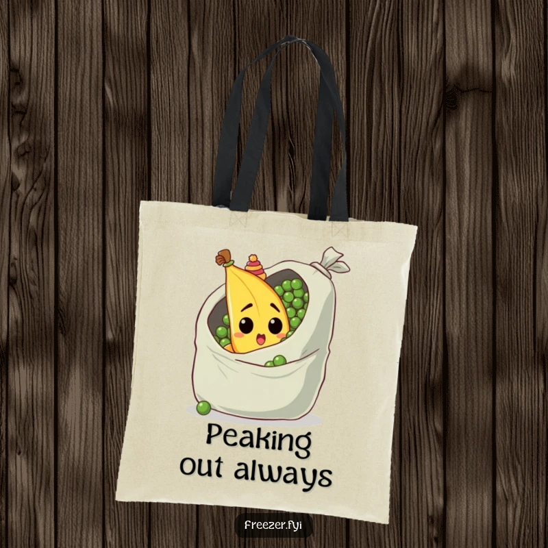 Funny tote bag featuring a surprised banana with a tiny hat, peeking out from behind a giant bag of peas, practical humor.