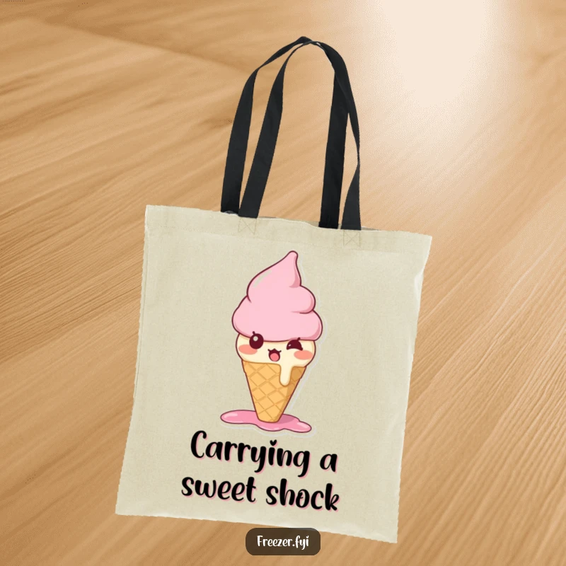 Funny ice cream cone tote bag with a bewildered character melting slightly, perfect for carrying sweet treats and smiles.