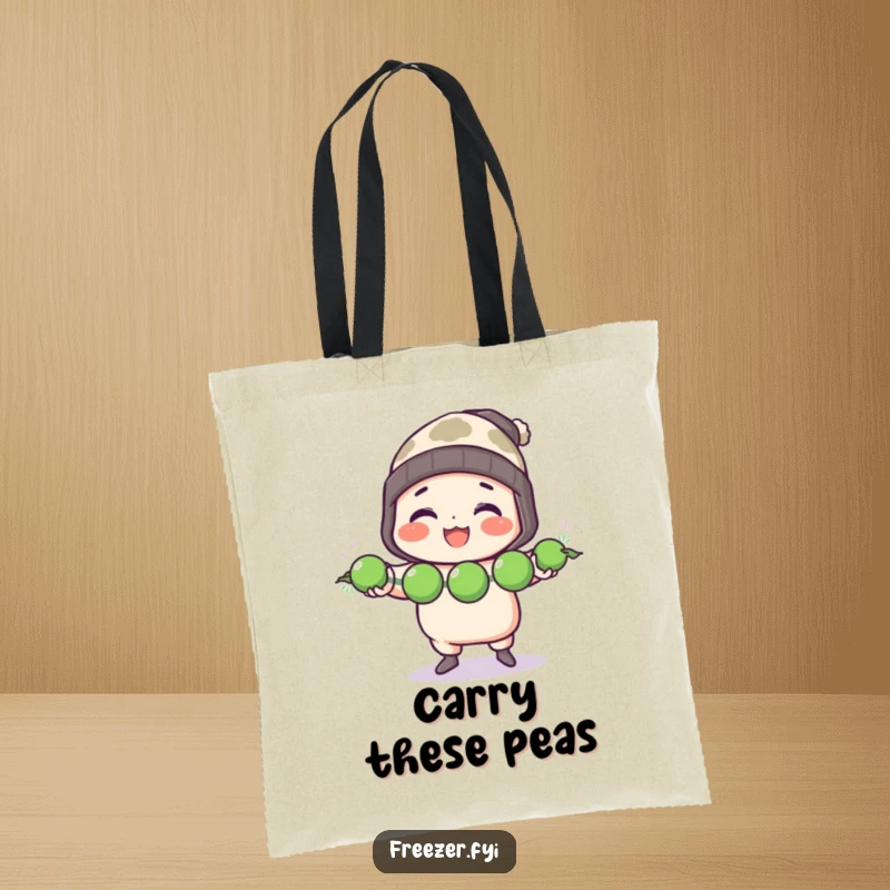 Funny tote bag depicting a character in a toque cheerfully juggling three frozen peas, ideal for carrying items with kitchen humor.