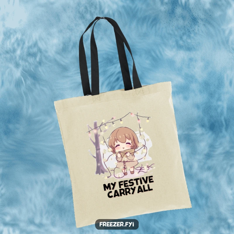 Funny tote bag with a character tangled in fairy lights in a cold setting, great for a humorous holiday present.