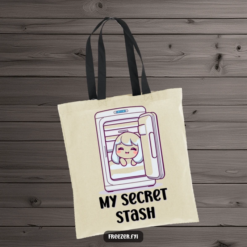 Funny tote bag with a character giggling from an open freezer, great for a humorous and practical present.