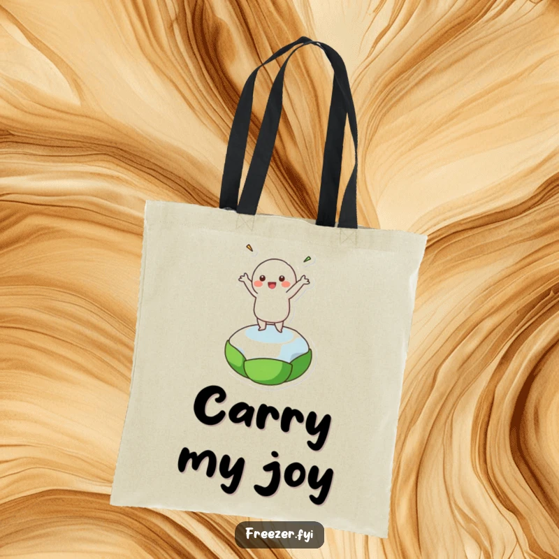 Funny tote bag showcasing a character joyfully dancing on a single frozen pea, a whimsical and amusing accessory.