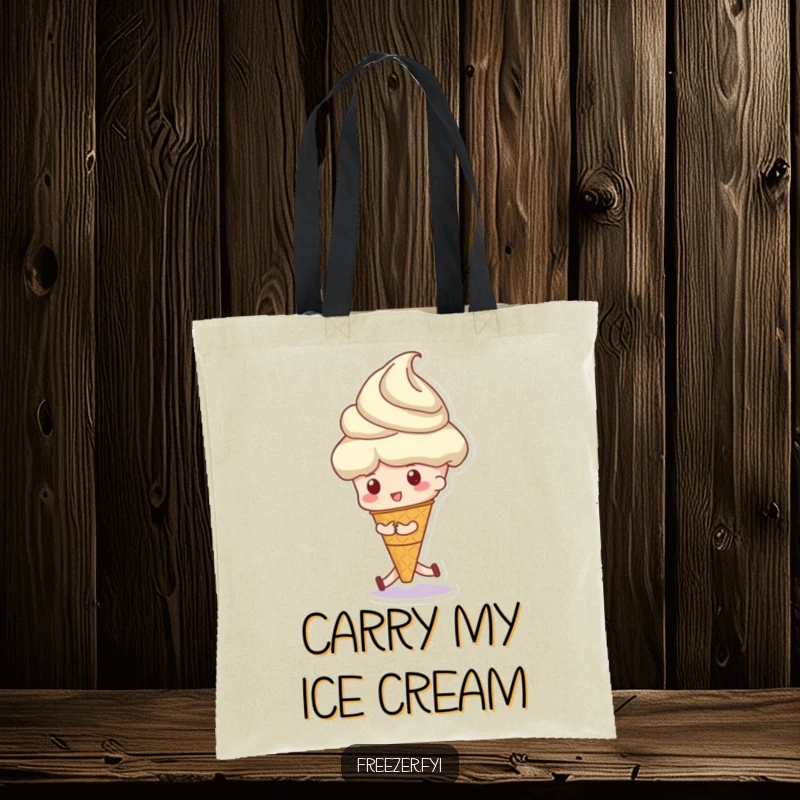 Funny tote bag showcasing a character playfully pushing a giant ice cream scoop, perfect for carrying treats and smiles.