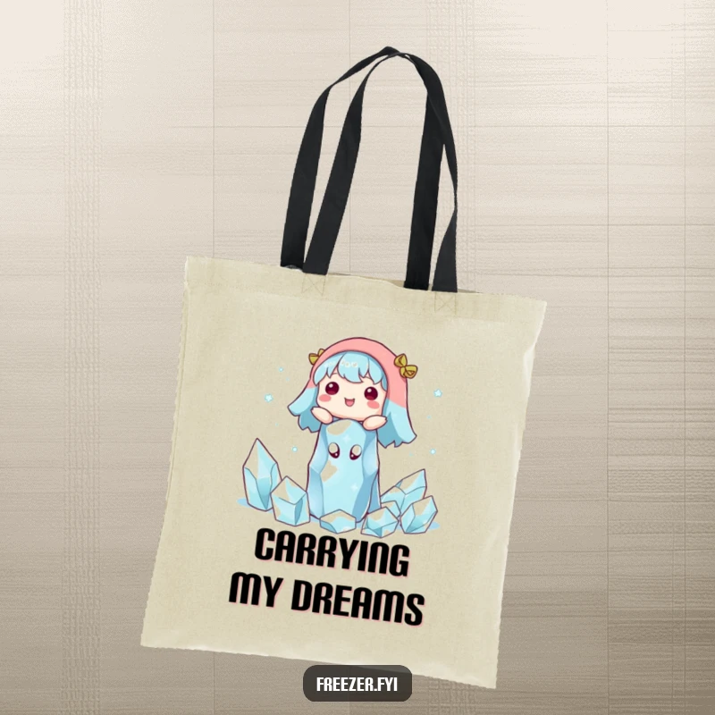 Funny tote bag illustrating a character floating happily among ice crystals. A serene and humorous accessory for daily use.