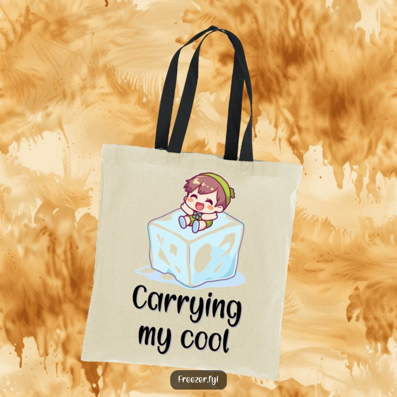 Funny tote bag showcasing a character gleefully sliding down an ice cube, ideal for carrying essentials with a cool, playful vibe.