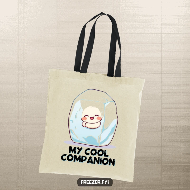 Funny tote bag featuring a round character hugging an ice cube, great for a humorous and practical present.
