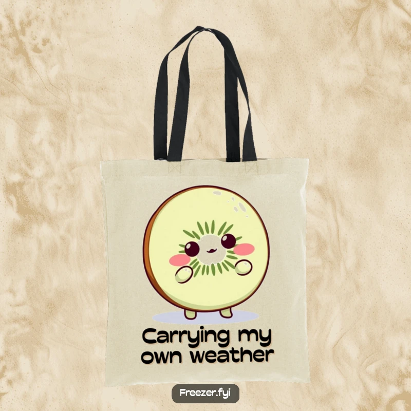 Funny Kiwi Slice Tote Bag: Cute fruit character shrugging playfully, ideal for humorous shopping and gifts.