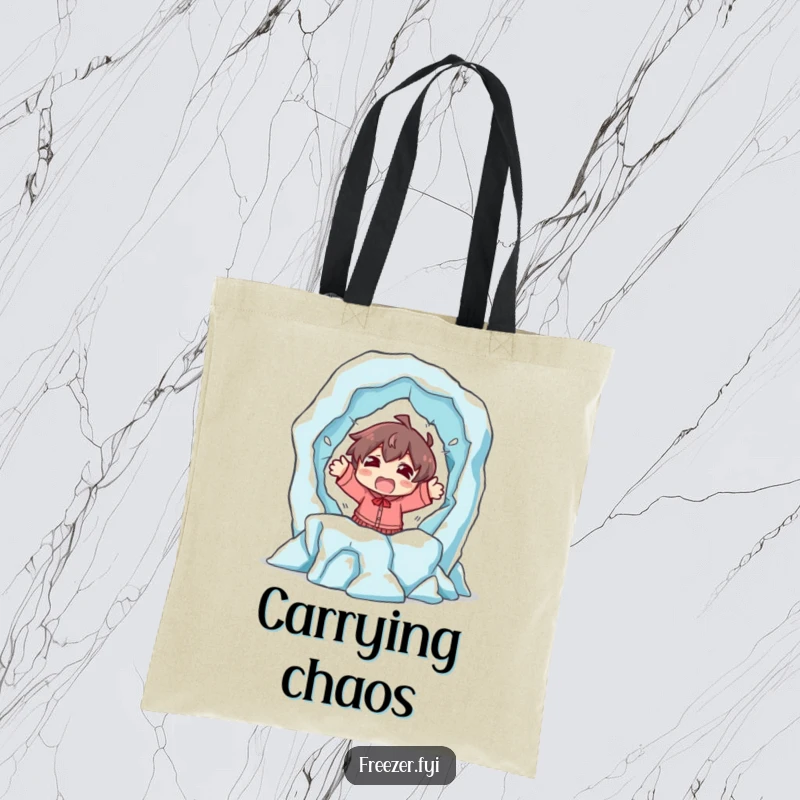 Funny tote bag design of a character with a shocked expression, dramatically fleeing a dissolving ice sculpture, perfect for humorous daily use.