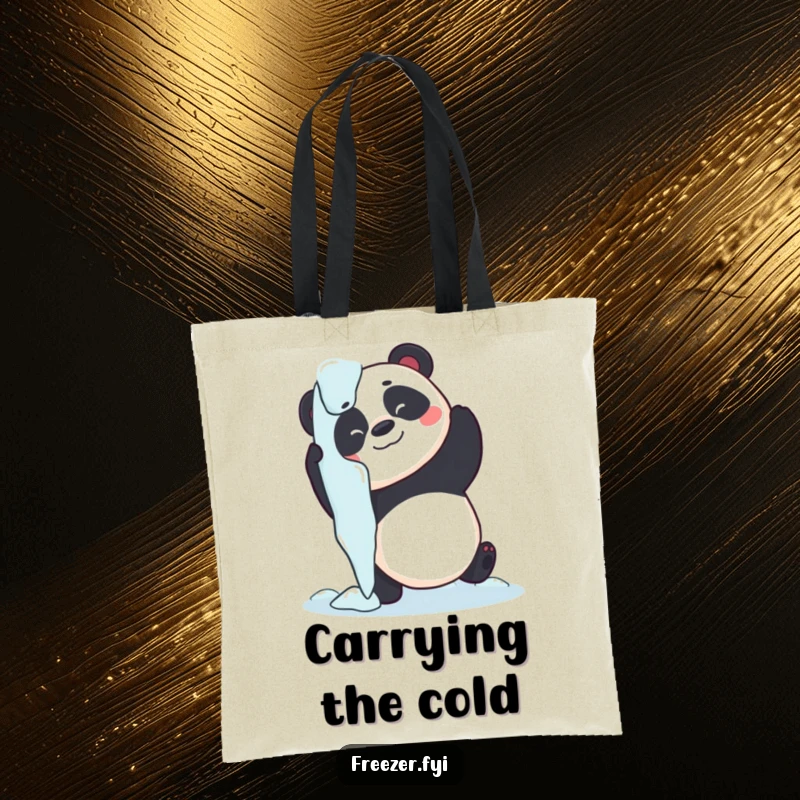 Funny panda tote bag depicting a playful panda attempting to embrace a giant icicle, perfect for carrying essentials humorously.