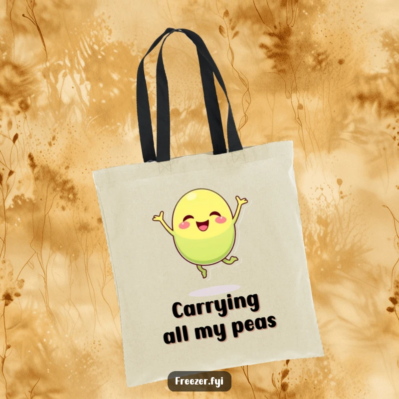 Funny pea pod tote bag with a cheerful character captured mid-silly jump, perfect for groceries or books.