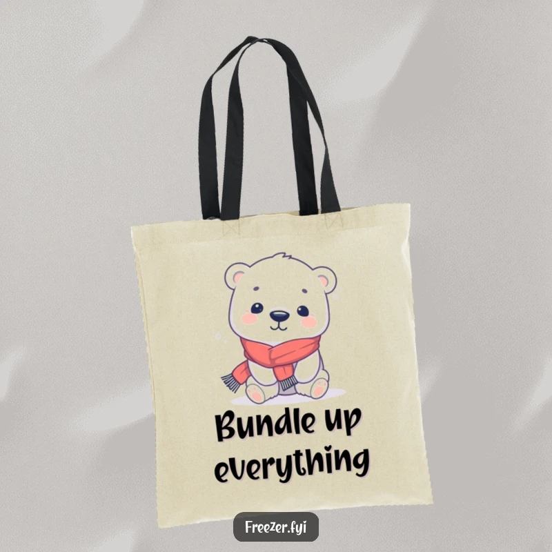 Funny polar bear tote bag with a kawaii character in a tiny scarf, shivering playfully, perfect for carrying winter essentials.