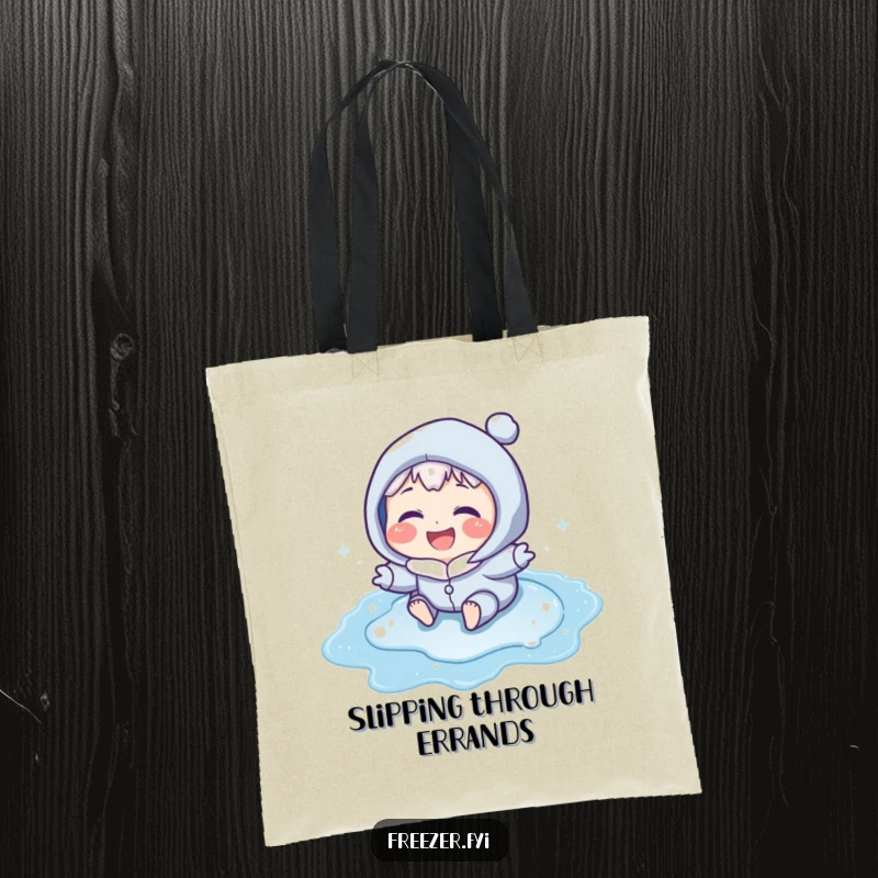 Funny tote bag featuring a laughing character with icy blue cheeks sliding on a frozen puddle, perfect for carrying essentials with a smile.
