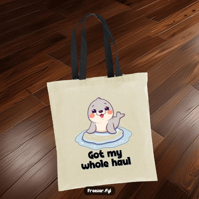 Funny seal character performing a joyful slide on ice, wide grin, on a durable and humorous tote bag.