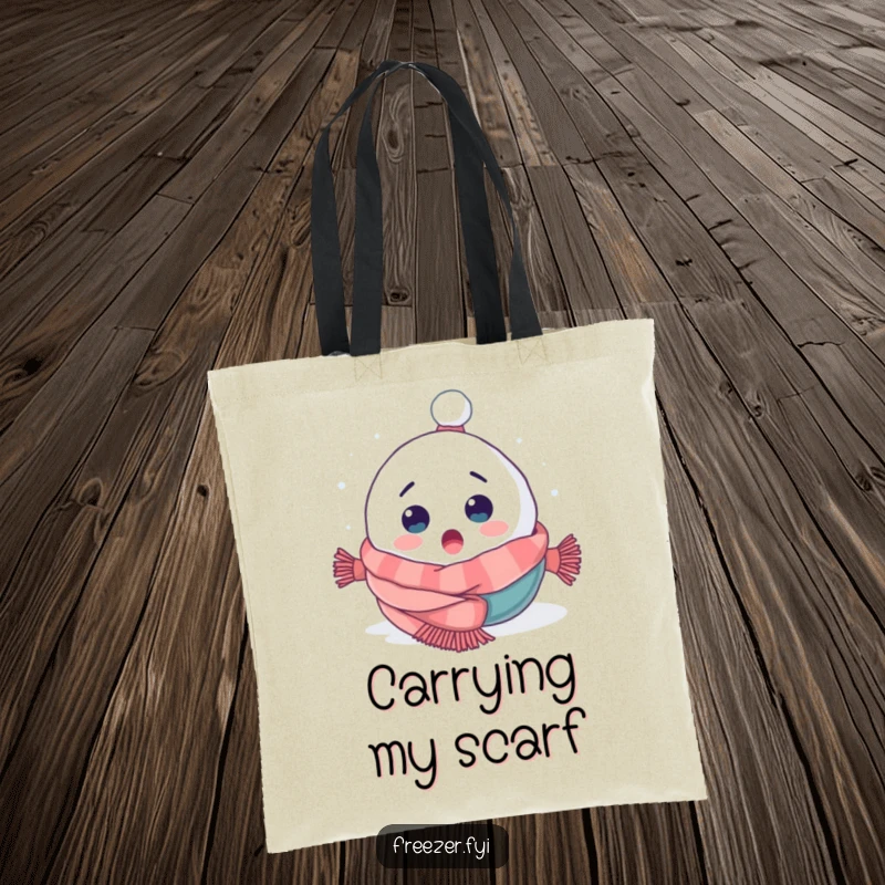 Funny tote bag showing a surprised snowball character tumbling headfirst into a cozy scarf, ideal for carrying winter essentials with humor.